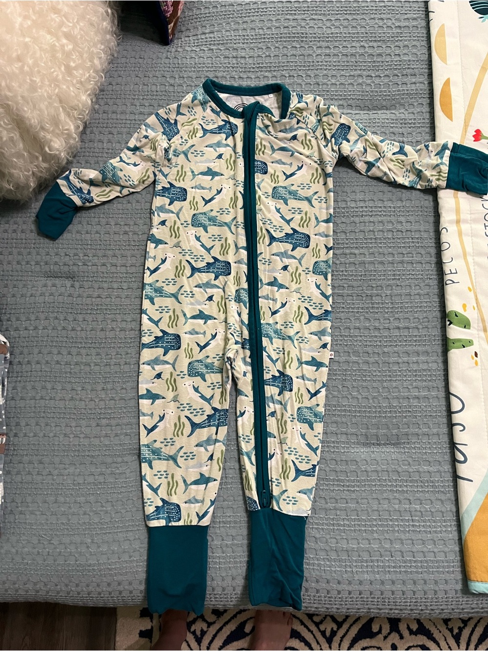 Cream Shark & Teal Trim Kids One-Piece Footie Pajamas